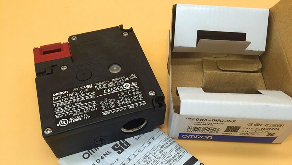 Omron D4NL-1HFG-B-F safety door switch with box, black and red design, industrial automation component