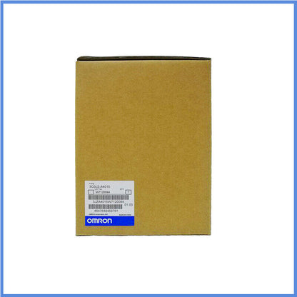 Omron 3G3JZ-A4015 frequency converter in box. Includes product label with part number, OMRON logo, and Made in China.