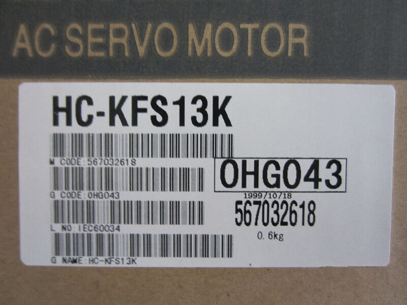 Mitsubishi HC-KFS13K AC Servo Motor label showing product details and barcode