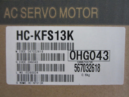 Mitsubishi HC-KFS13K AC Servo Motor label showing product details and barcode