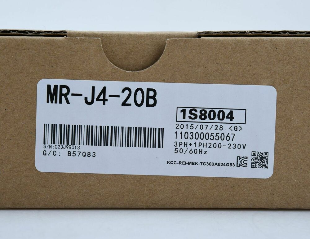 Mitsubishi MR-J4-20B Servo Drive box label, product details, serial number, fast shipping.