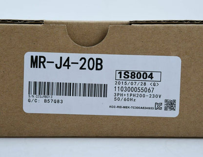 Mitsubishi MR-J4-20B Servo Drive box label, product details, serial number, fast shipping.