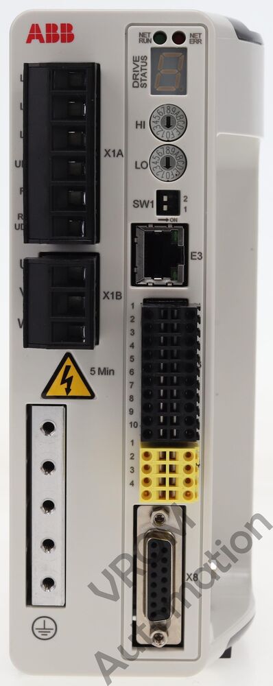 ABB MicroFlex e190 PLC module front view. Features display, ports, and connectors. Industrial automation part.