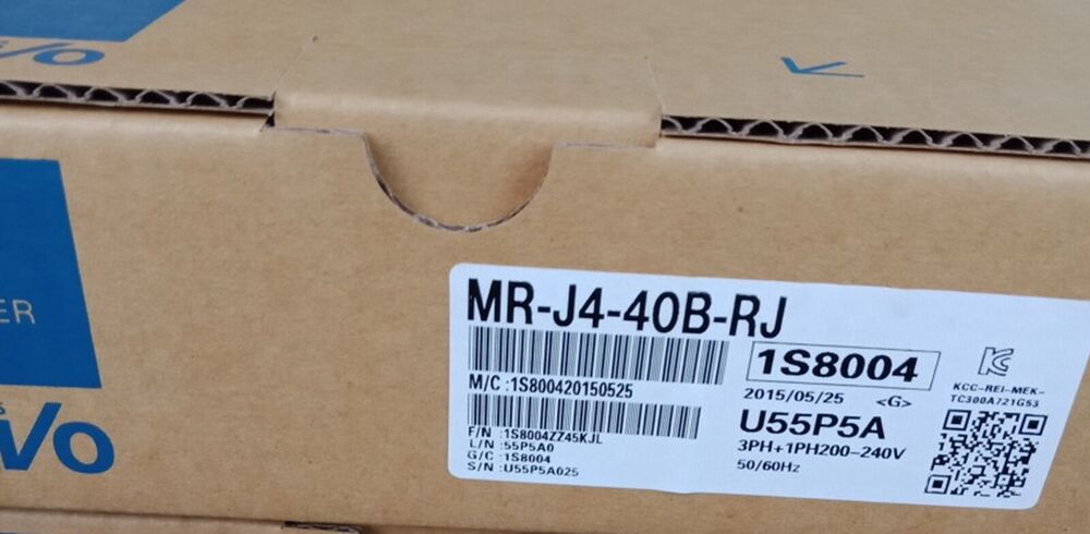 Mitsubishi MR-J4-40B-RJ Servo Driver box, new condition, with label showing specifications and part numbers.