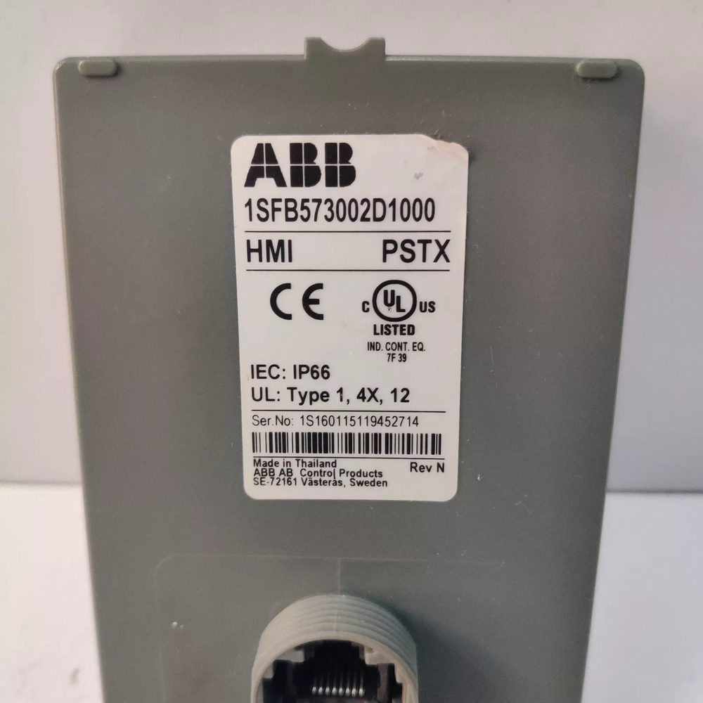 ABB PSTX HMI control panel with IP66 rating and UL certification, model 1SFB573002D1000.
