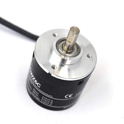 Omron E6B2-CWZ6C Rotary Encoder with black body and silver top. Industrial automation sensor, new.