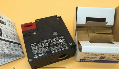 Omron D4NL-1HFG-B-F safety door switch, black and red, with box and specifications, industrial automation component