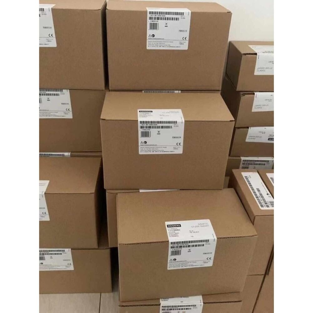 Warehouse stock of Siemens automation components in boxes, ready for shipping and industrial automation supply.