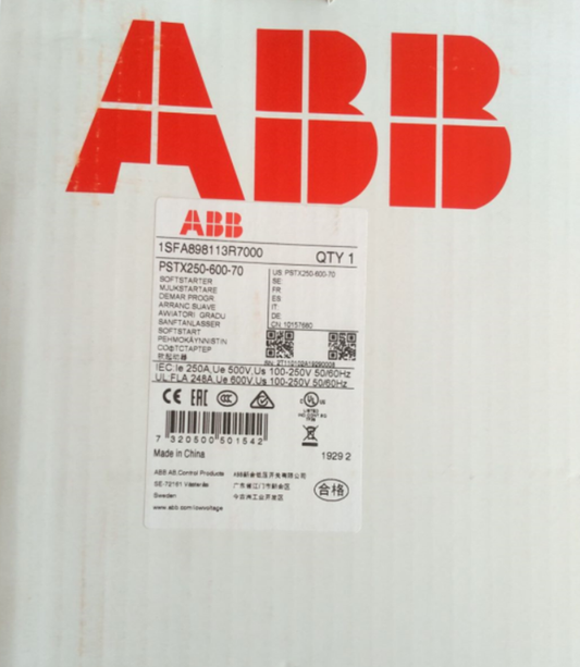 ABB PSTX250-600-70 Soft Starter product label, white background with red ABB logo and product specifications.
