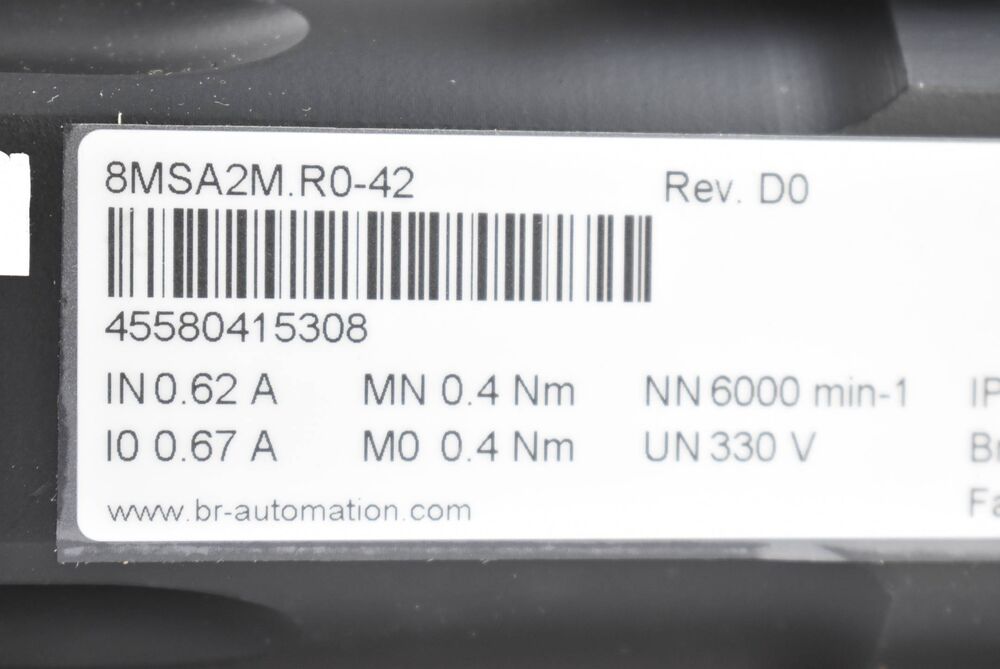 B&R 8MSA2M.R0-42 servo motor label Rev. D0, industrial automation part specifications including voltage and amperage.