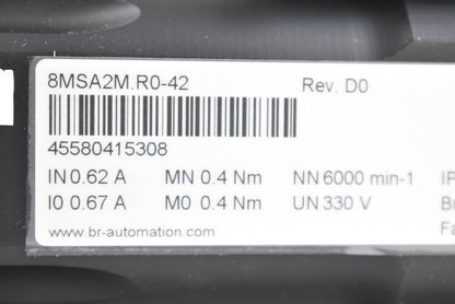 B&R 8MSA2M.R0-42 servo motor label Rev. D0, industrial automation part specifications including voltage and amperage.