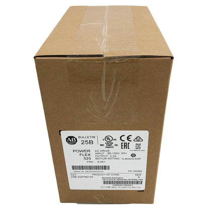 Allen-Bradley PowerFlex 525 AC Drive in box. 25B-V2P5N104, 0.4kW/0.5HP, product for industrial automation.