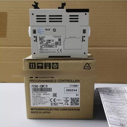 Mitsubishi FX3UC-32MT/D PLC Module on box. Industrial automation controller, Made in Japan, Programmable Controller