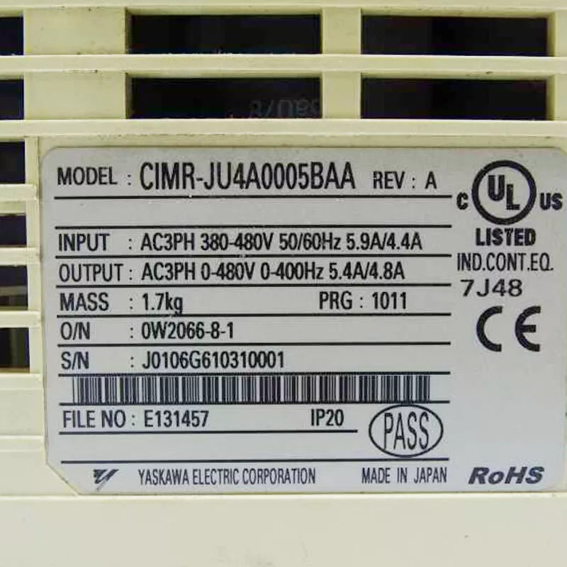 Yaskawa CIMR-JU4A0005BAA Inverter Label, showing model, specifications, and certifications. Made in Japan.
