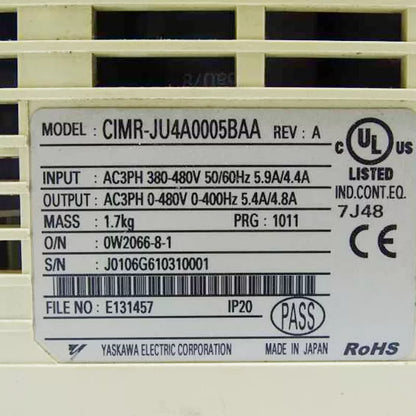 Yaskawa CIMR-JU4A0005BAA Inverter Label, showing model, specifications, and certifications. Made in Japan.