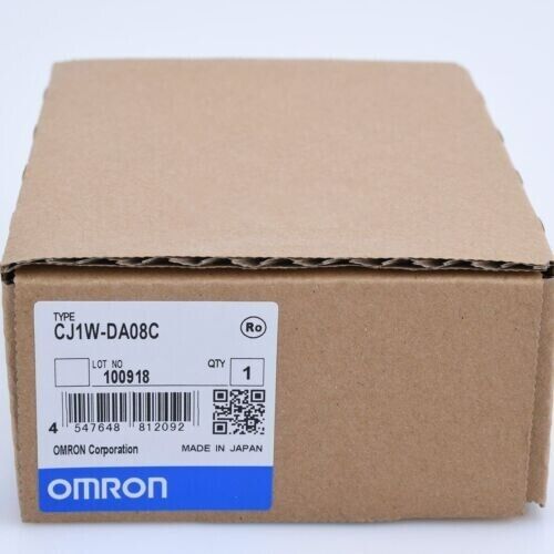 Omron CJ1W-DA08C PLC Module in original box, manufactured in Japan. Features product details and barcode.