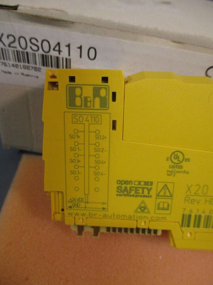 B&R X20S04110 Digital Output Module Rev. H0, Yellow module with safety features, industrial automation part