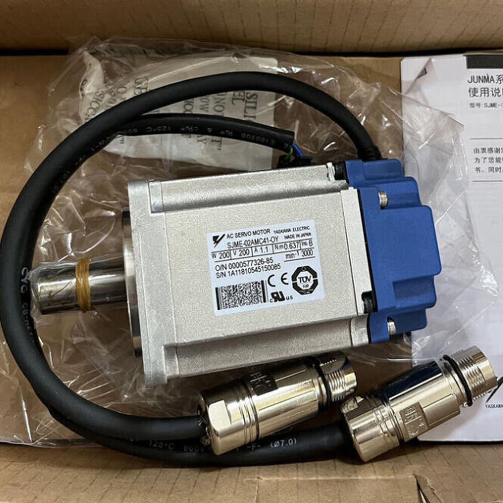 YASKAWA SJME-02AMC41-OY AC Servo Motor, industrial automation part with black cable and connectors, Made in Japan