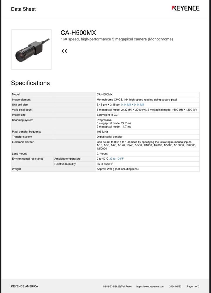 Keyence CA-H500MX High Speed, High Functioning Camera 96M15218