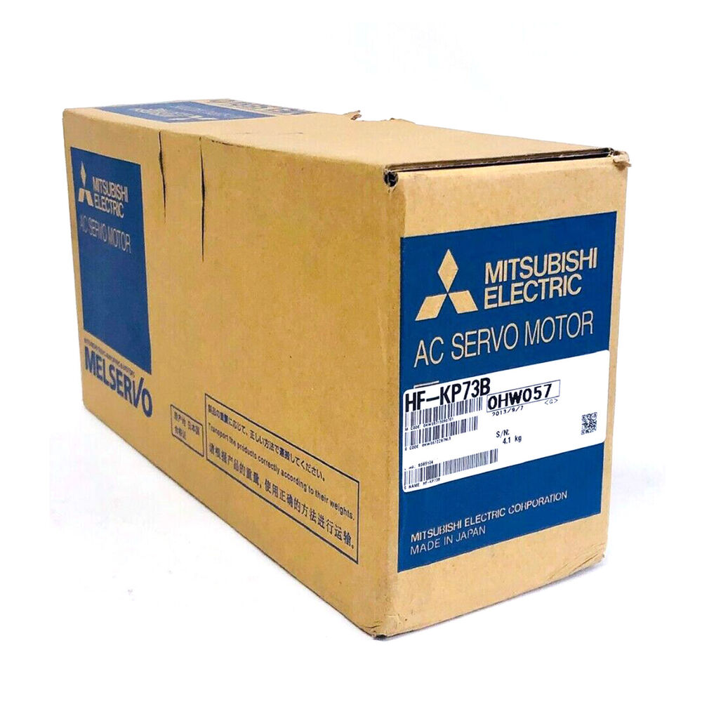 Mitsubishi HF-KP73B AC Servo Motor box, Made in Japan, industrial automation part, brown packaging.