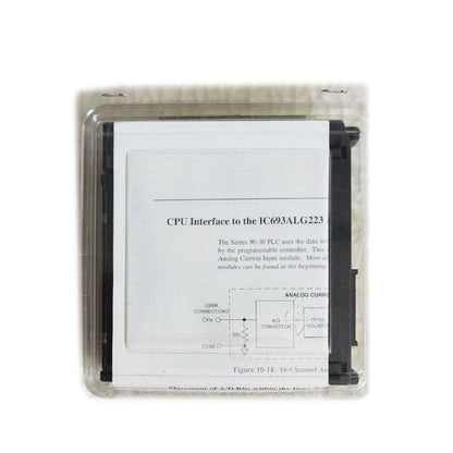 FANUC IC693ALG223C PLC module in packaging, with CPU Interface diagram visible.