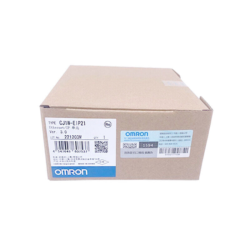 Omron CJ1W-EIP21 Ethernet/IP PLC Module in box, product label showing specifications, Ver. 3.0.