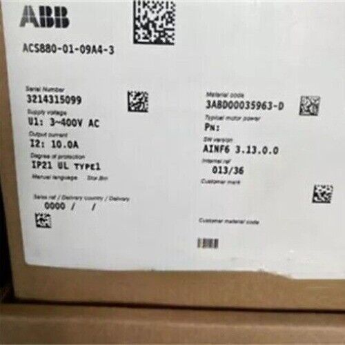 ABB ACS880-01-09A4-3 frequency converter, product label details: serial number, voltage, and other specifications, IP21.