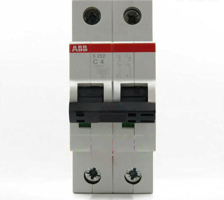 ABB S202-C4 2P 4A New PLC.  Front view of the ABB circuit breaker, with clear labels.