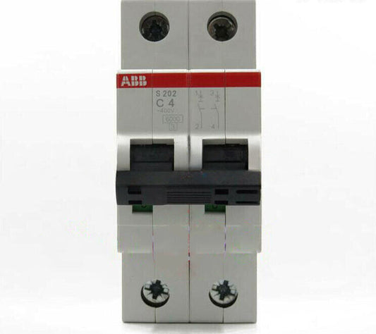 ABB S202-C4 2P 4A New PLC.  Front view of the ABB circuit breaker, with clear labels.