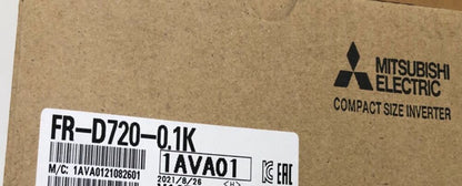 Mitsubishi FR-D720-0.1K compact size inverter packaging, featuring product information label and logo.