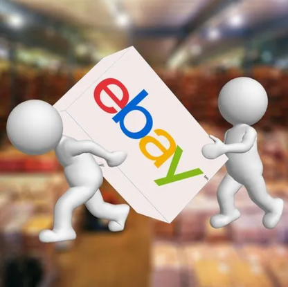 Two white figures carrying an eBay branded package.