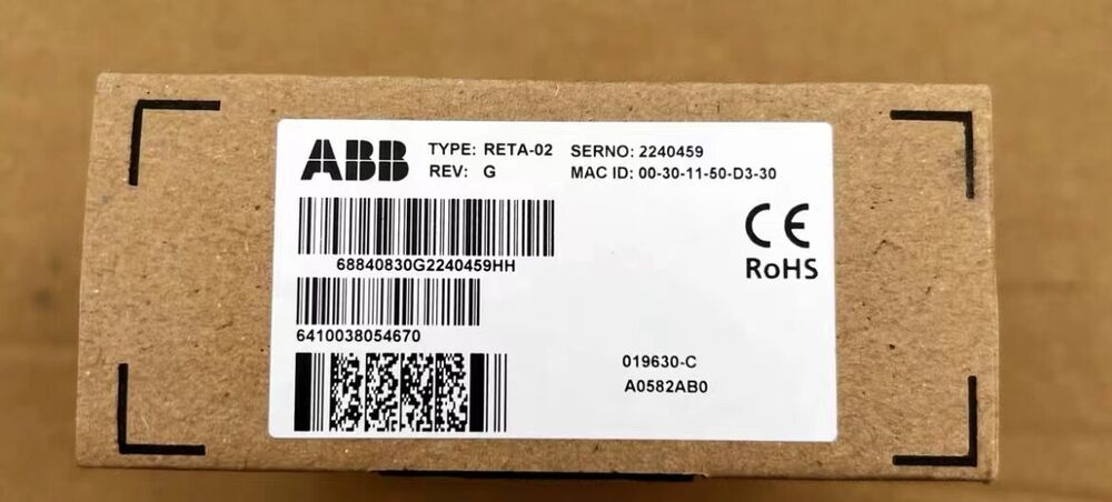 ABB RETA-02 Ethernet Adapter in box with product details, PLC module