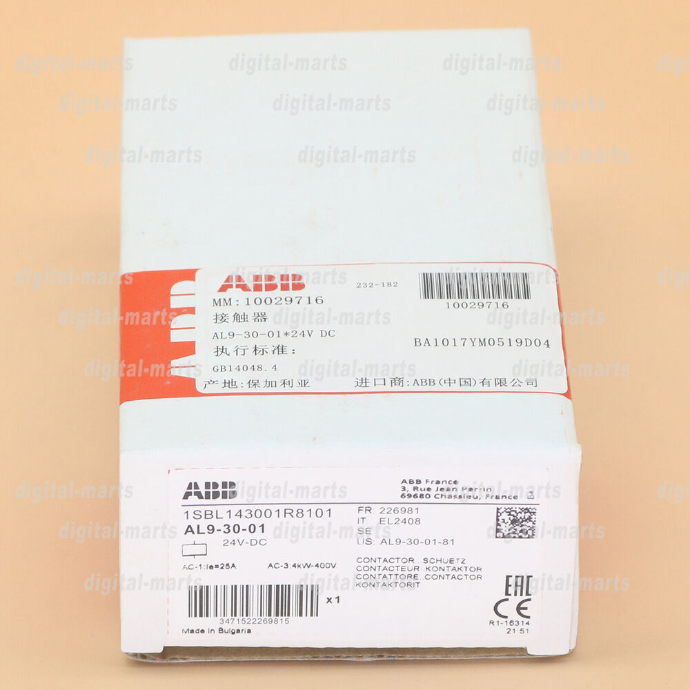 ABB AL9-30-01 DC Contactor 24VDC on box, industrial automation part, product detail.