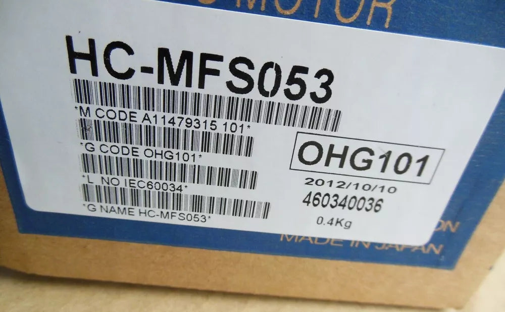 Mitsubishi HC-MFS053 servo motor label, product code OHG101, manufactured in Japan
