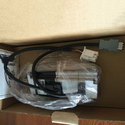 Omron R7M-A20030-BS1 servo motor in box, cables and connectors visible, new servo motor for sale.