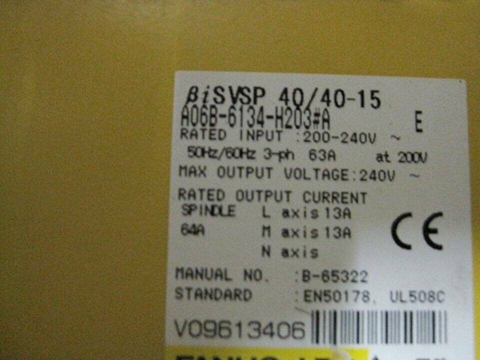 FANUC A06B-6134-H203#A Servo Driver Amplifier Label, electrical specifications including 200-240V input, CE mark.