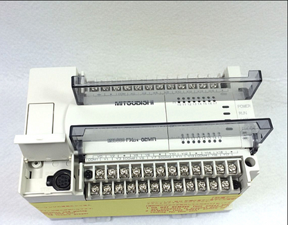 Mitsubishi FX2N-32MR-001 PLC Module, front view with terminals, power and run indicators, industrial automation part.