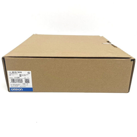 OMRON NB10W-TW01B 10.1 inch HMI touch screen box, with product info label. Industrial automation component.