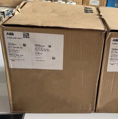 ABB ACS380-040S-25A0-4 frequency converter packaging, 11 KW industrial automation part with specifications.