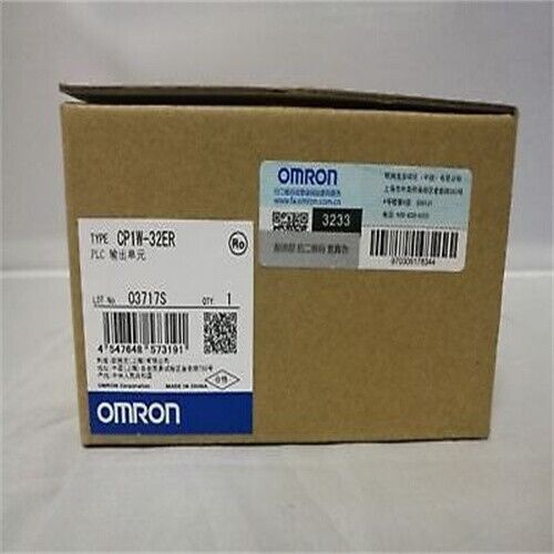 Omron CP1W-32ER PLC Module box, new, featuring product details and barcode, with brand logo visible.