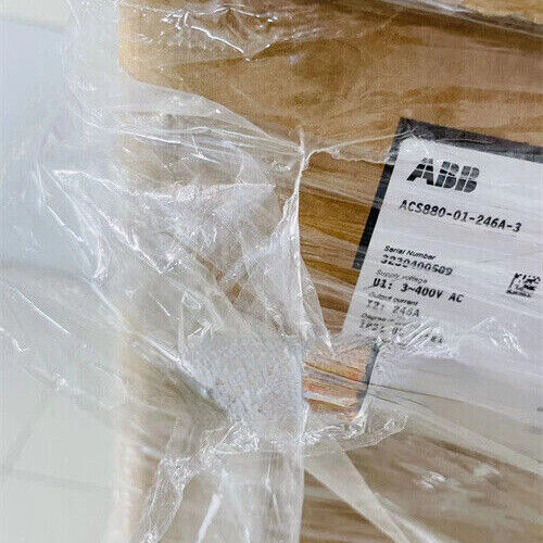 ABB ACS880-01-246A-3 Inverter, product label detail with serial number, supply voltage, and current information.