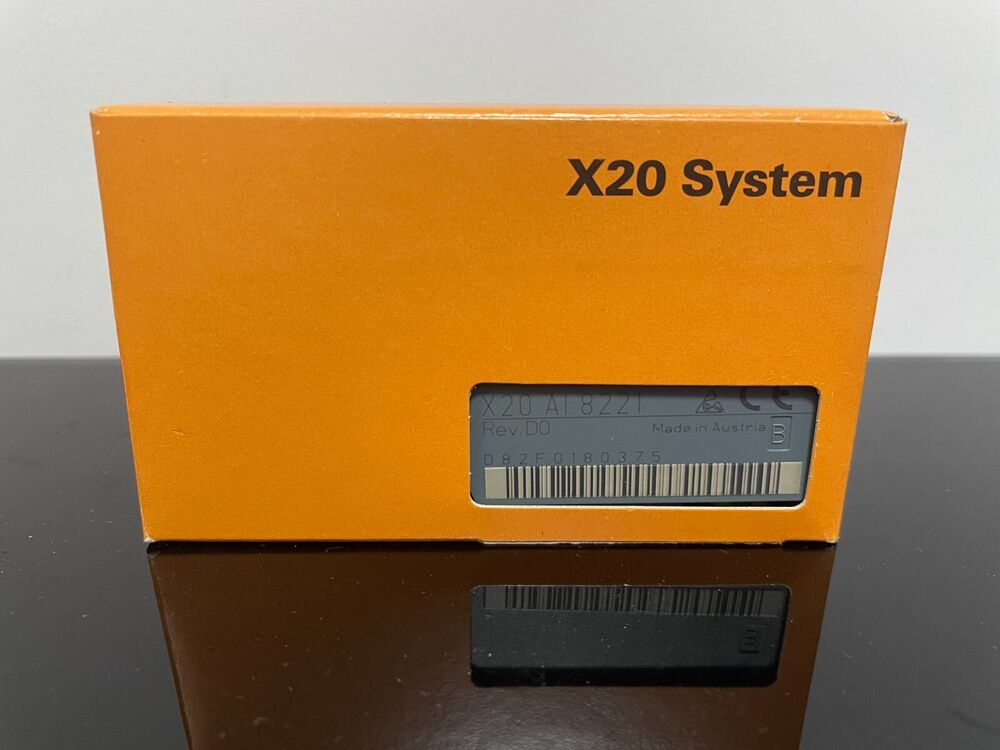 B&R X20 AI8221 analog input module box, orange packaging, Made in Austria