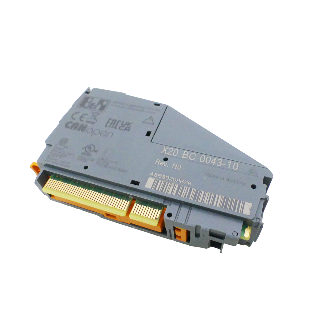 B&R X20 BC 0043-10 Remote I/O Bus Controller, gray module with gold connectors, Rev. H0.