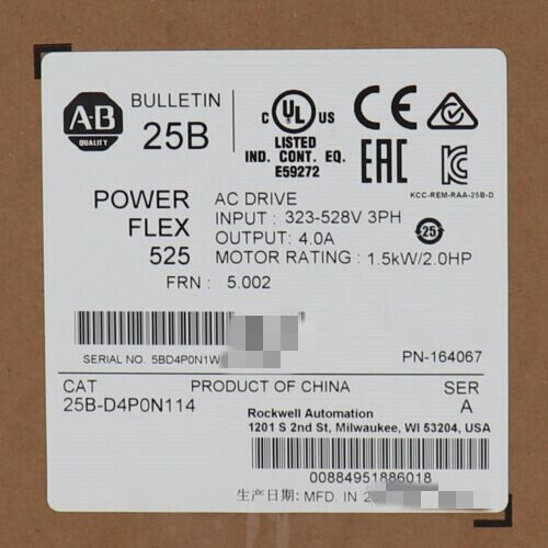 Allen-Bradley PowerFlex 525 AC Drive label with specifications including 1.5kW/2.0HP motor rating.