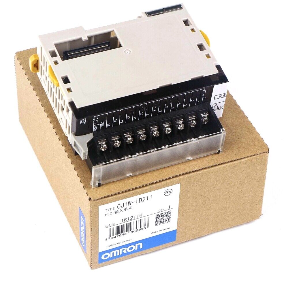 Omron CJ1W-ID211 PLC Input Module in box. New industrial automation part with terminal blocks. PLC input unit.
