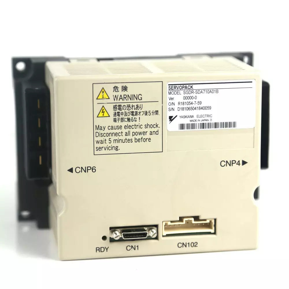 Yaskawa SGDR-SDA710A01B Servo Drive, CNP6, CN1, CN102 ports and warning label.