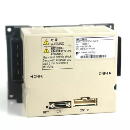 Yaskawa SGDR-SDA710A01B Servo Drive, CNP6, CN1, CN102 ports and warning label.