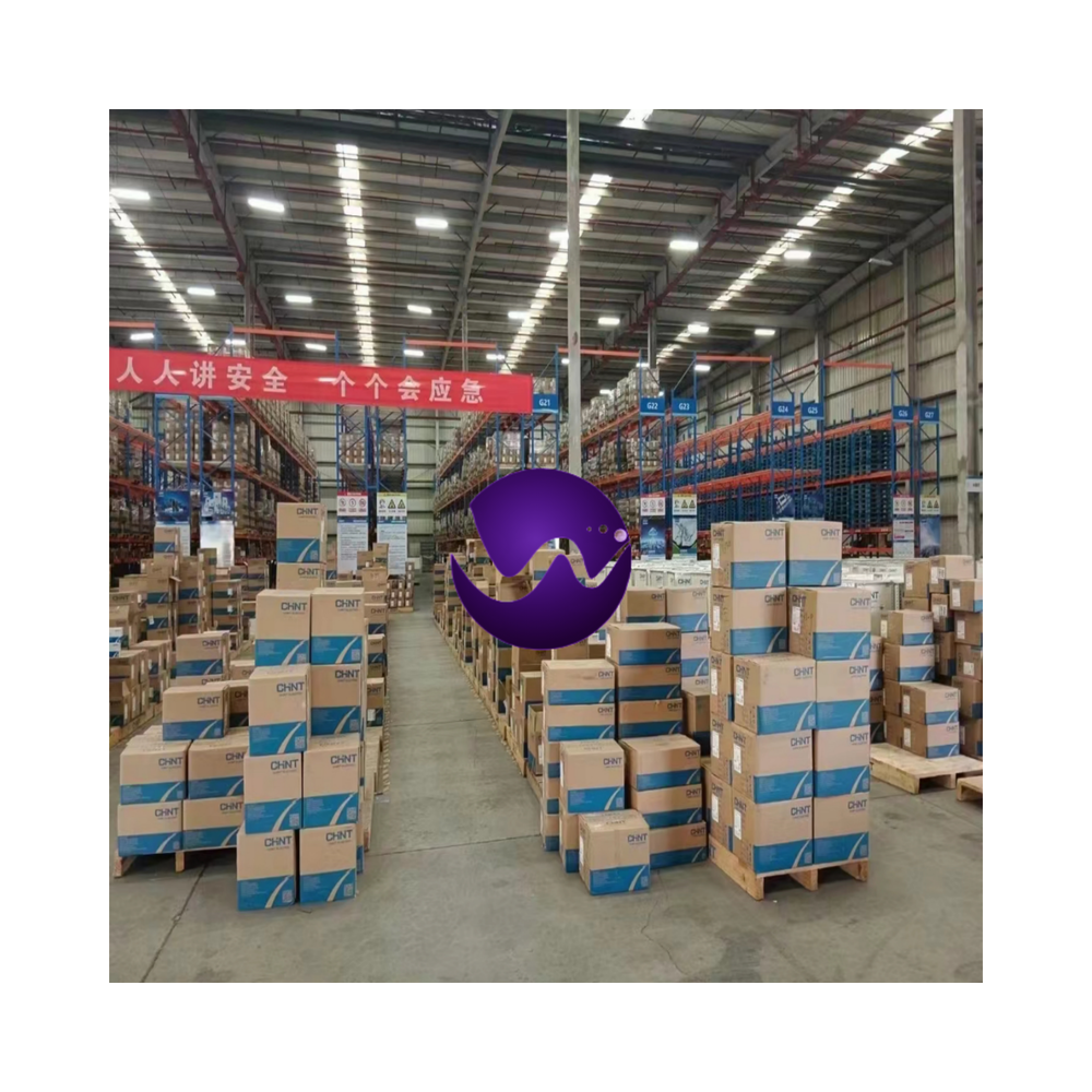 Warehouse stock of CHNT industrial electrical products, safety banner above, industrial automation parts.