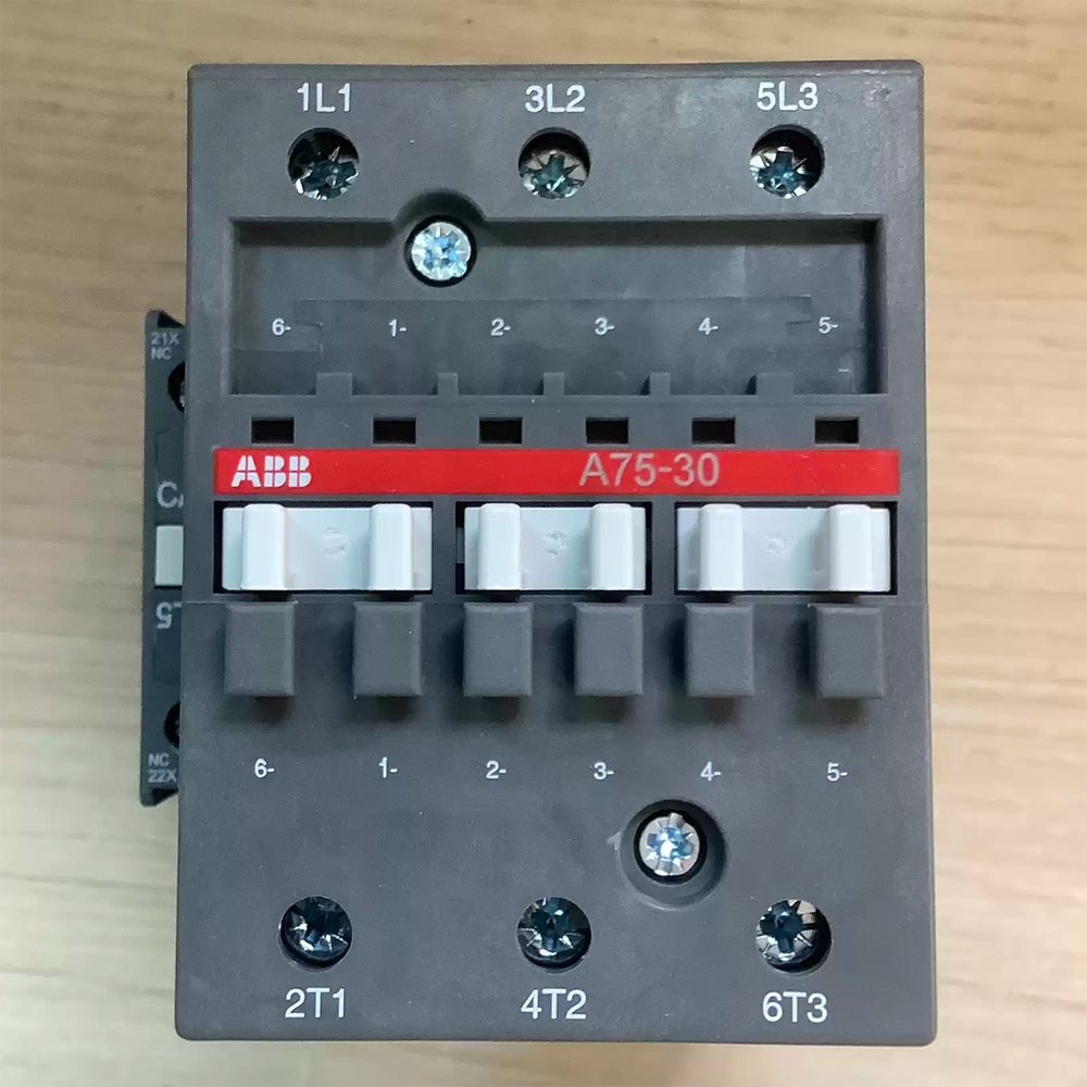 ABB A75-30 Contactor, industrial automation part for PLC systems, grey plastic housing with white controls, fast shipping.