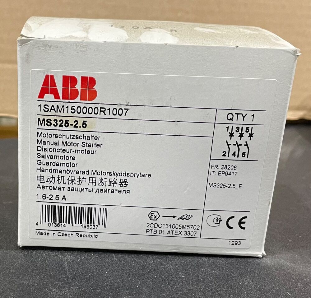 ABB MS325-2.5 Circuit Breaker product box, showing the product information.